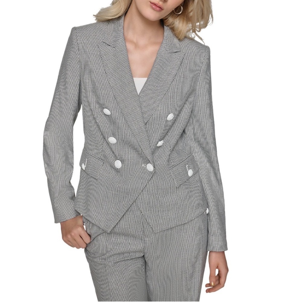 Karl Lagerfeld Paris Pinstripe Double Breasted Blazer Black White Size 16 NEW‎